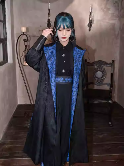 Reversible Blue Seahorses and Coral Print Black Jacquard Cheongsam Style Long Coat