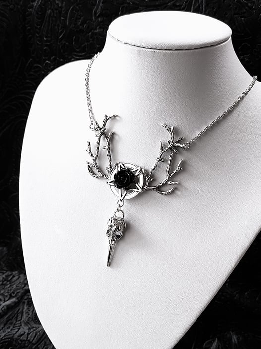 Bird Skull Pendant Gothic Silver Rosette Necklace
