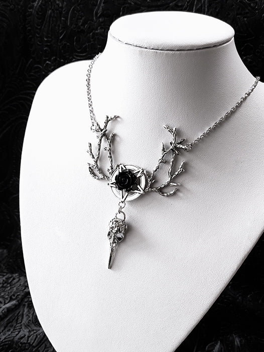 Bird Skull Pendant Gothic Silver Rosette Necklace