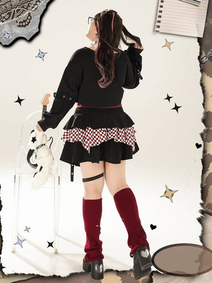 Plus Size Straps Design Checked Pattern Black and Red Tiered Skirt