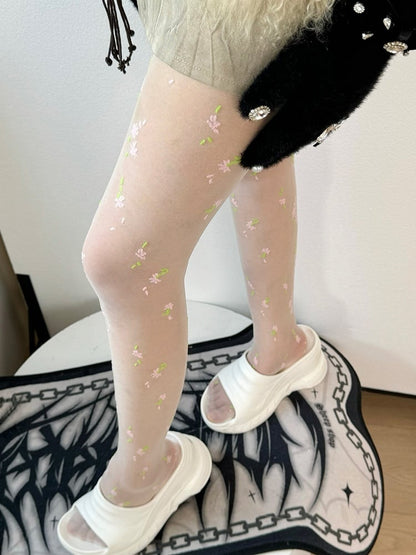 White Floral Details Tights