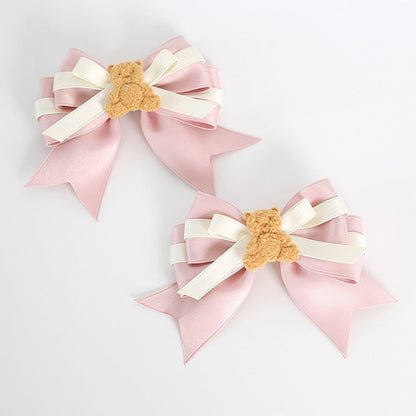 Cute Pink and Beige Bowknot Hairclip with Bear Decoration