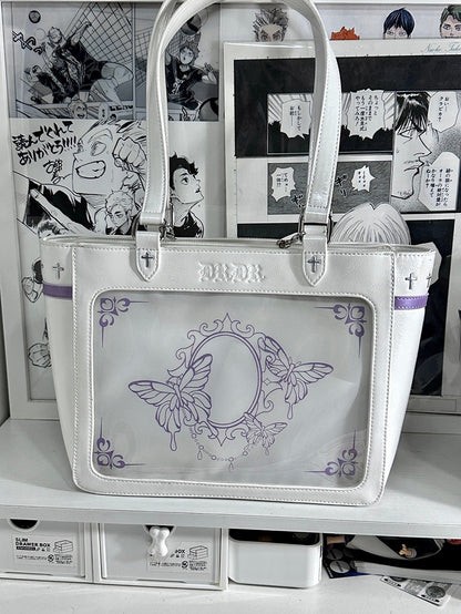 White Cross Detail Ita Shoulder Bag with Detachable Butterfly Charm Chain