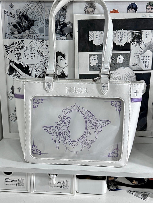 White Cross Detail Ita Shoulder Bag with Detachable Butterfly Charm Chain