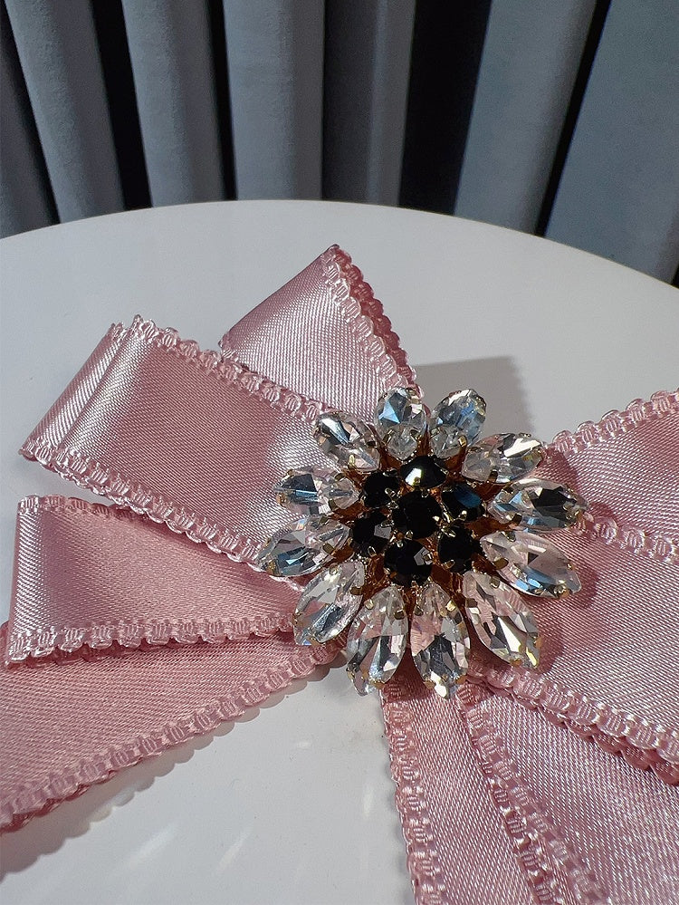 Black/Red/Pink Rhinestone Floral Decorated Bowknot Hairclip