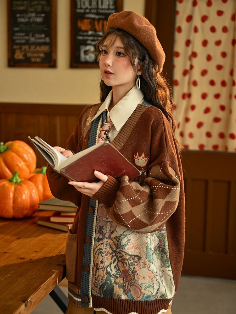 Daisies and Bunny Embroidery Brown Cardigan