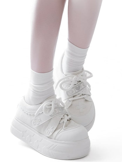 White Yami Kawaii Cross Applique Crisscross Velcro Strap Closures Platform Sneakers