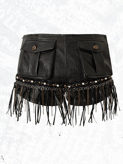 Black Wasteland Punk Beaded Decorated Tassel Hem Shorts