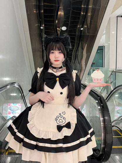 Clearance-Size M for Bust 92CM Black and White Sweet Maid Lolita Kitty Paw Embroidery Apron Dress