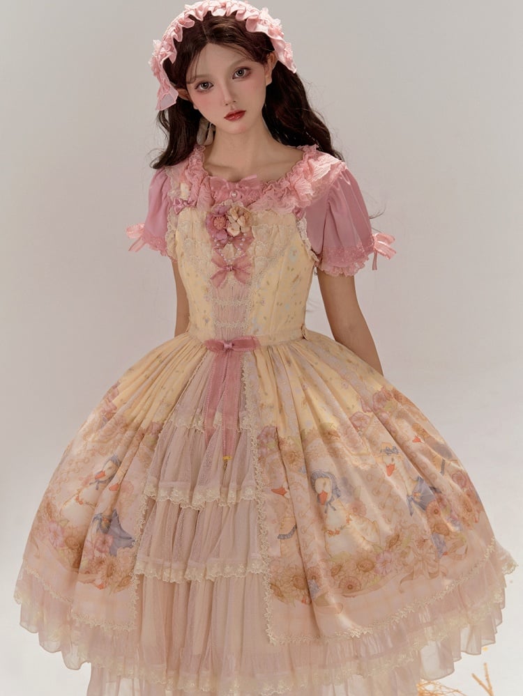 Clearance-Size XL for Bust 96-106CM Farm Ducks and Sunflowers Print Yellow Sweet Lolita Jumper Skirt