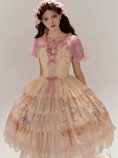 Clearance-Size XL for Bust 96-106CM Farm Ducks and Sunflowers Print Yellow Sweet Lolita Jumper Skirt