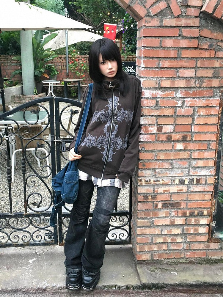 Dark Gray Stand Collar Zip-Up Hoodie with Punk Graphic Print