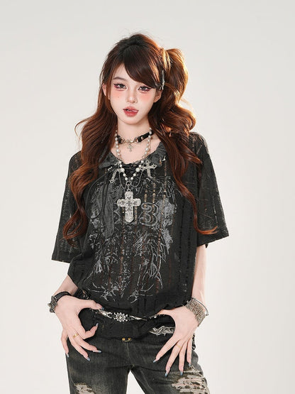 White/Black Lace-up Neckline Cross Applique Distressed Holes Graphic T-shirt