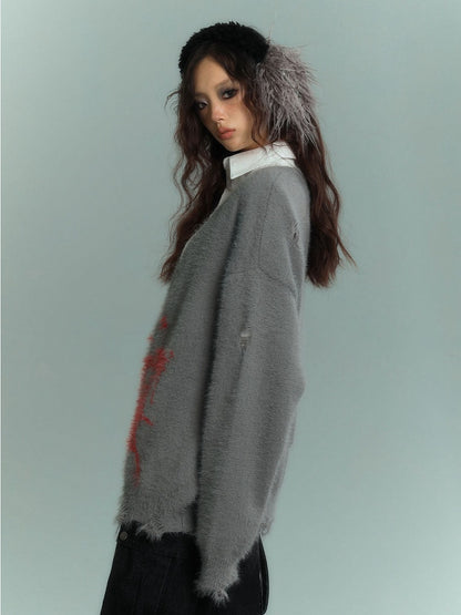 Punk Spiderwebs Gray V-neck Distressed Holes Loose Zip Cardigan with Scarf