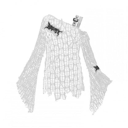 White Bell Sleeves Irregular Distressed Hallow Out Top