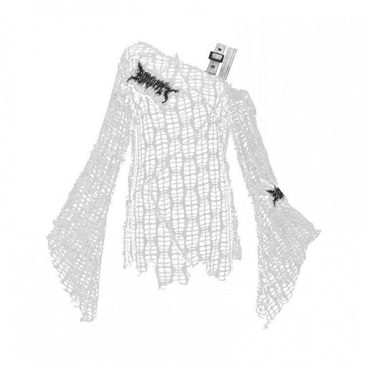 White Bell Sleeves Irregular Distressed Hallow Out Top