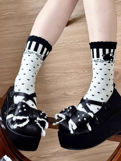 Black Ace of Spades Heart Print Lolita Calf Socks