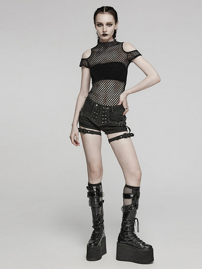 Black Punk Tie-dyed Mesh Short Sleeve T-shirt