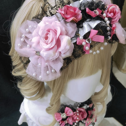 Black&Pink Rhinestone Heart Decorated Beaded Charm Floral Design Lace Trim Bowknot Hairband