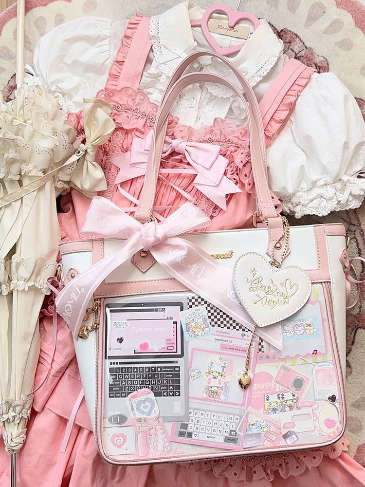 White and Pink Bowknot and Heart-shaped Charm Ita Bag