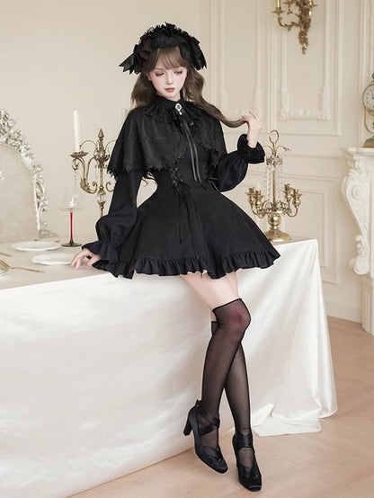 Black Jirai Kei-inspired Lace-up Details Dress with False Two-Piece Cape