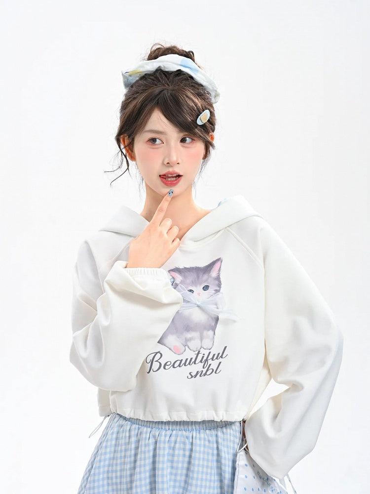 Adorable Cartoon Kitty Print Drawstring Hem Blue Plaid Hood White Hoodie