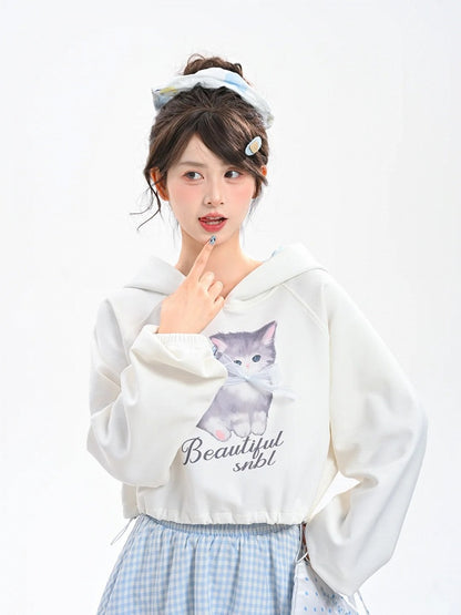Adorable Cartoon Kitty Print Drawstring Hem Blue Plaid Hood White Hoodie