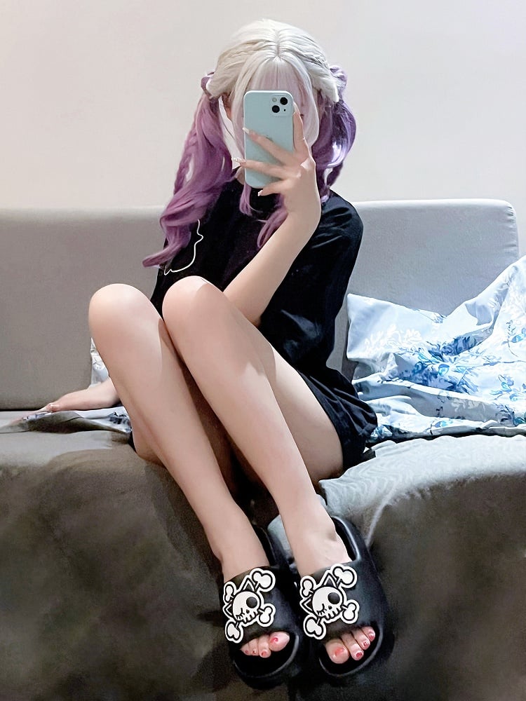 Black and White Gothic Skeleton Applique Summer Slippers