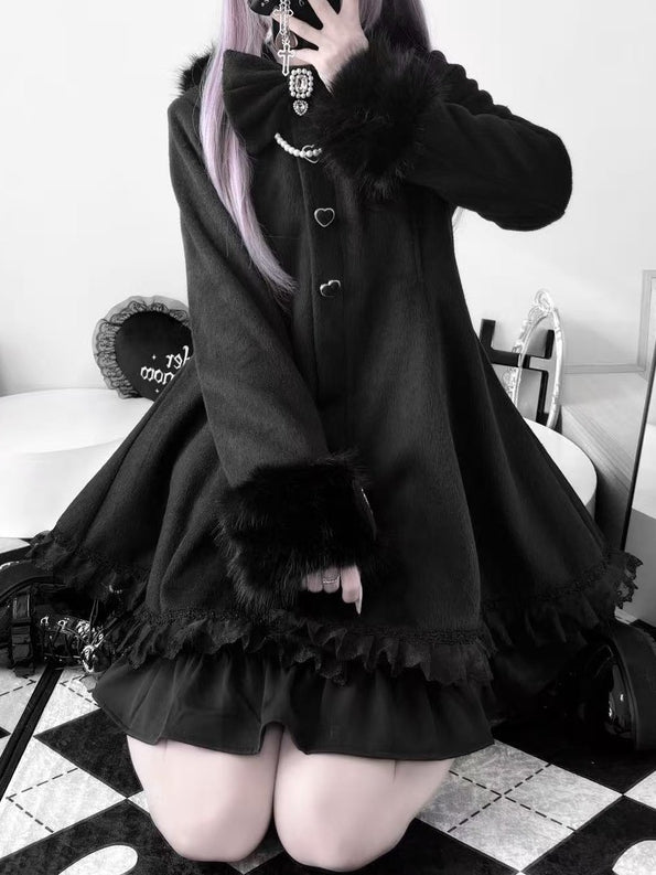 Jirai Kei Black A-Line Coat with Detachable Bunny Hood | Plush Ears & Cuffs | Wool Blend