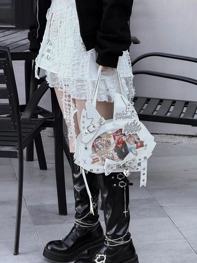 Kitty Ear Design Bowknot Studs Detail White PU Tote Ita Bag with Free Card Holder