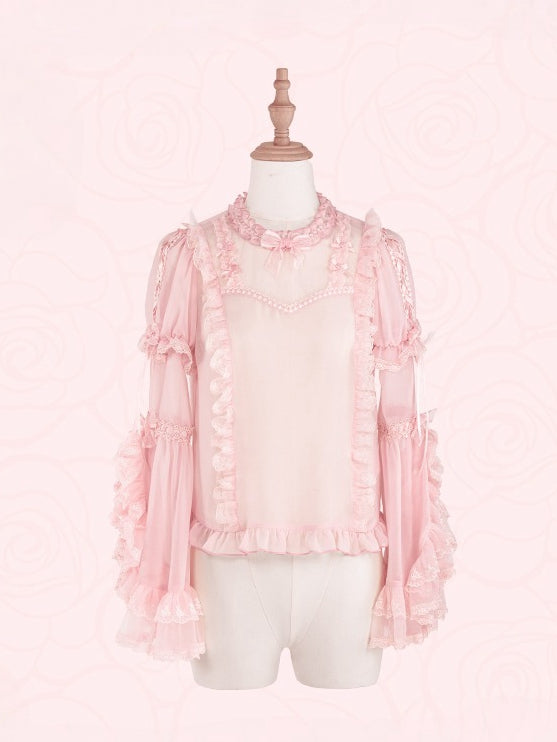 Pink Short Sleeves Blouse with Detachable Bell Sleeves