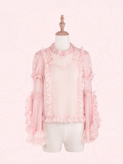 Pink Short Sleeves Blouse with Detachable Bell Sleeves