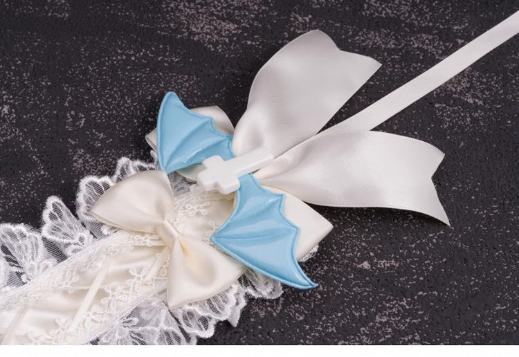 Crosses and Blue Wings White Bowknots Lace Hairband