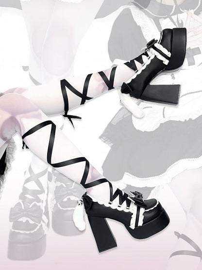 Cute Kitty Tails Black Bow at Top Punk Lolita Platform High Heels Lace-up at Ankle