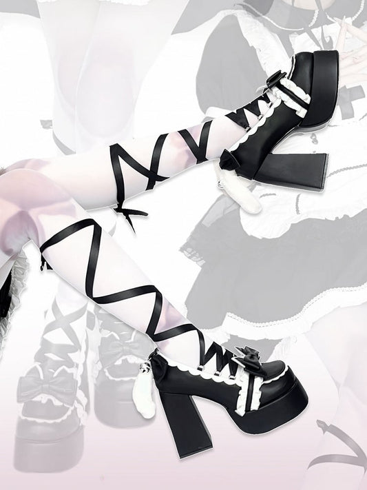 Cute Kitty Tails Black Bow at Top Punk Lolita Platform High Heels Lace-up at Ankle