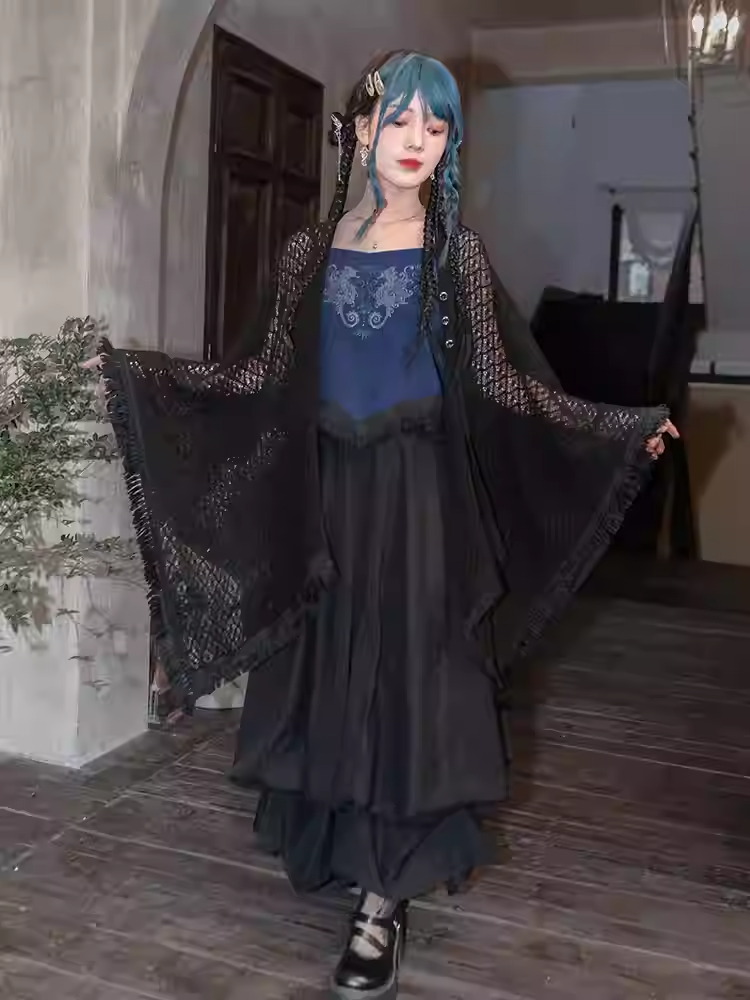 Tassel Hem Black Cheongsam Style Hollow-out Cape Cardigan with Detachable Seahorse and Coral Embroidery Collar