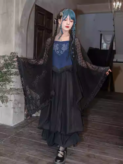 Tassel Hem Black Cheongsam Style Hollow-out Cape Cardigan with Detachable Seahorse and Coral Embroidery Collar