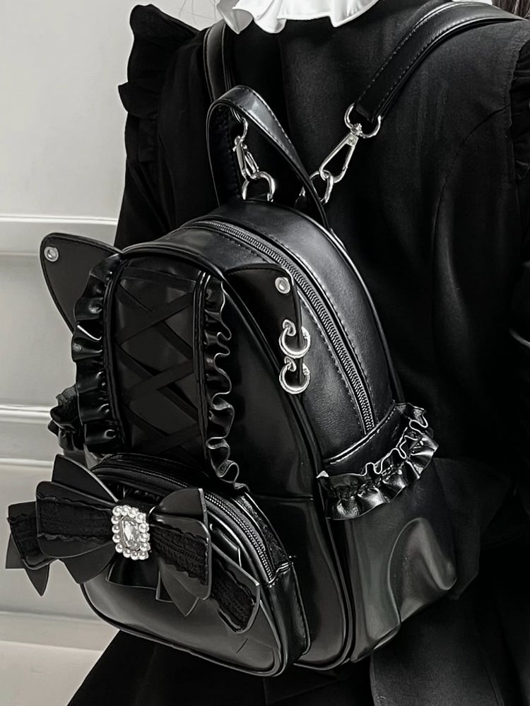 Jirai Kei Black Cat Ear Backpack With Beaded and Rhinestone Bow