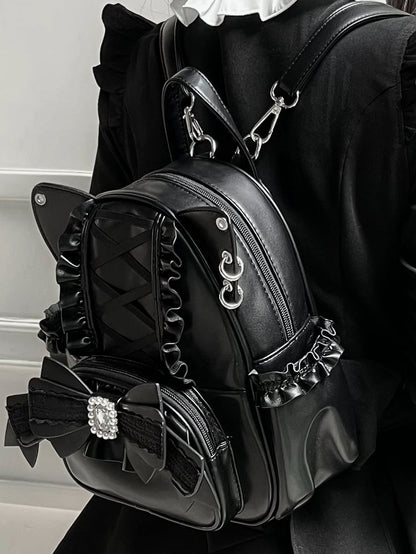 Jirai Kei Black Cat Ear Backpack With Beaded and Rhinestone Bow