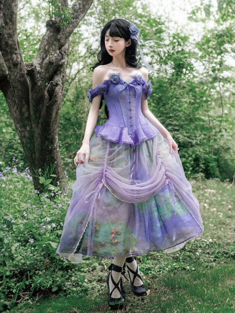 Purple Flounce Hem Boned Corset Top with Detachable Floral Adornments