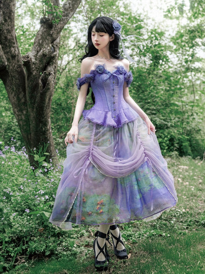 Purple Flounce Hem Boned Corset Top with Detachable Floral Adornments