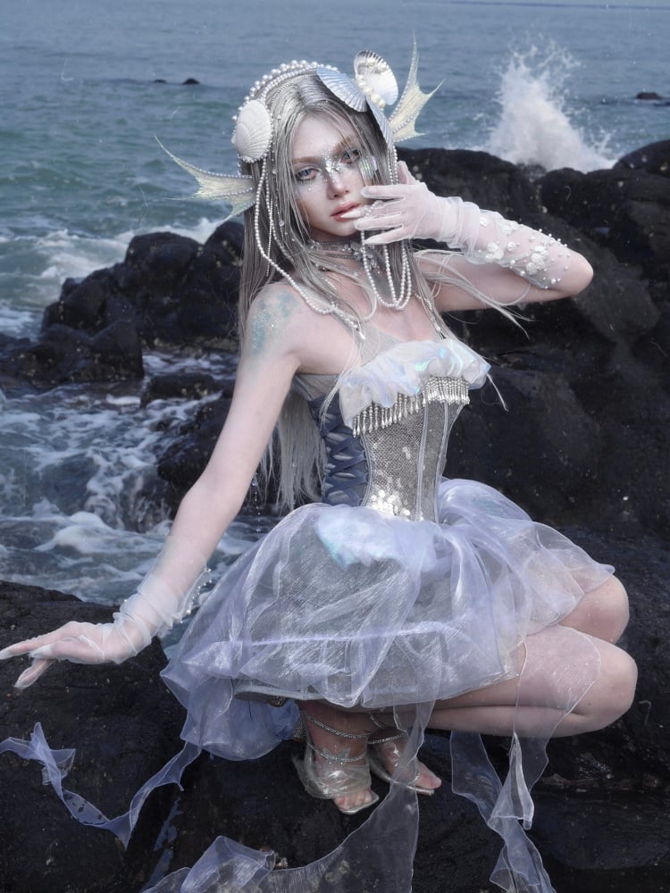 Birdcage Design Hem Shiny Sequins Boning Corset Dress + Jellyfish Overlay