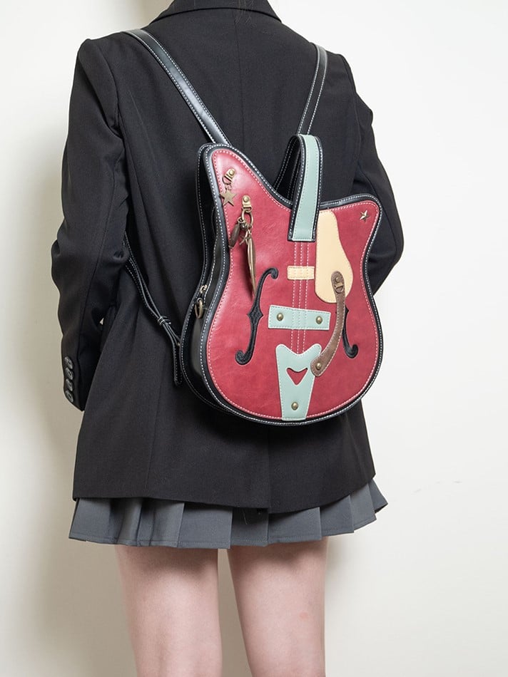 Vintage 2-Way Red Guitar-Shaped Tote Bag With Metal Feather Chain Accents