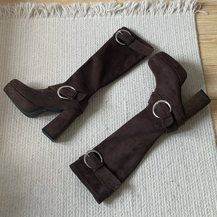 Buckle Details & Inner Zip Closure Square Toe Brown Knee-High Boots with Platform High Block Heel