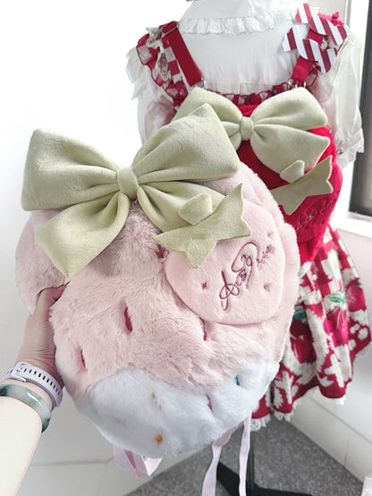 Red / Pink / Black Plush Strawberry Backpack, Convertible Crossbody Bag with Adjustable Strap
