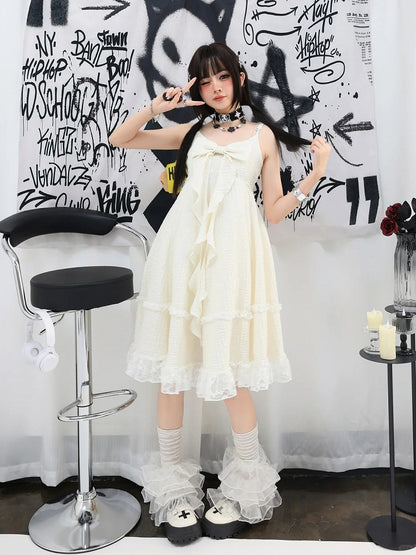 Apricot Big Bow Neckline Lace Trim Cami Dress Bubble Skirt