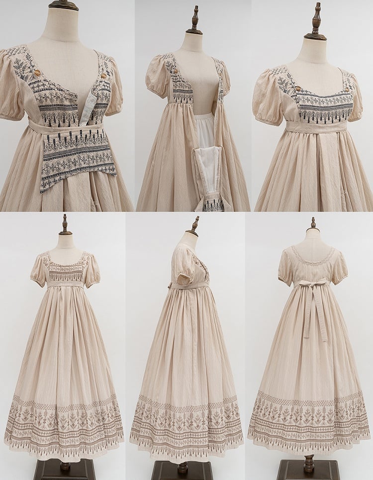 Foldover Design Neckline Brown Vintage Embroidery Empire Waist Elegant Lolita One Piece Long/Short Version