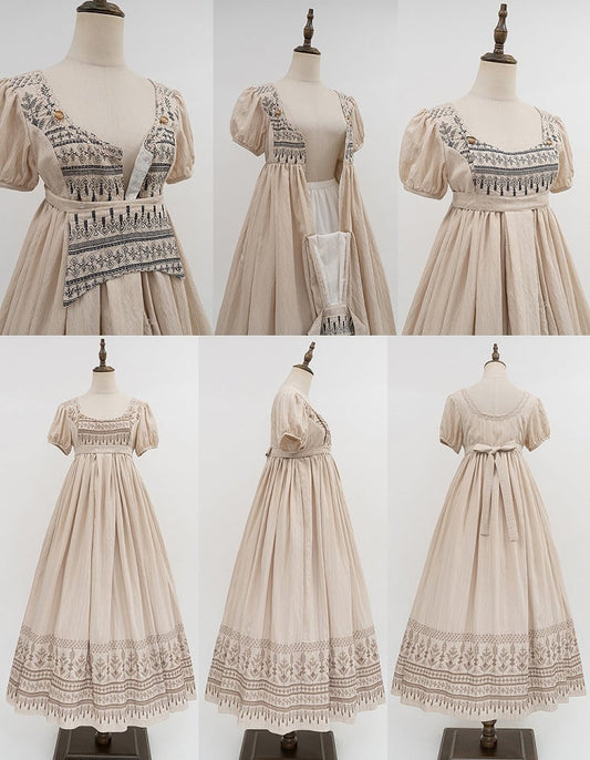 Foldover Design Neckline Brown Vintage Embroidery Empire Waist Elegant Lolita One Piece Long/Short Version