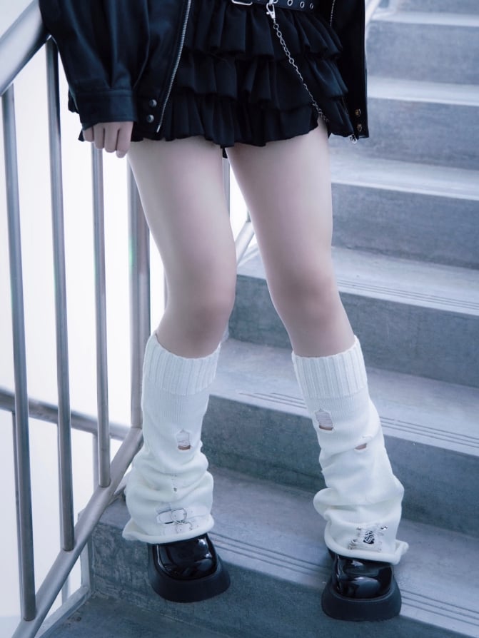 PU Buckles Gothic White Distressed Holes Leg Warmers