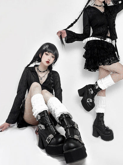 Dragon-shaped Buckle Straps Black Punk Boots High Block Heel